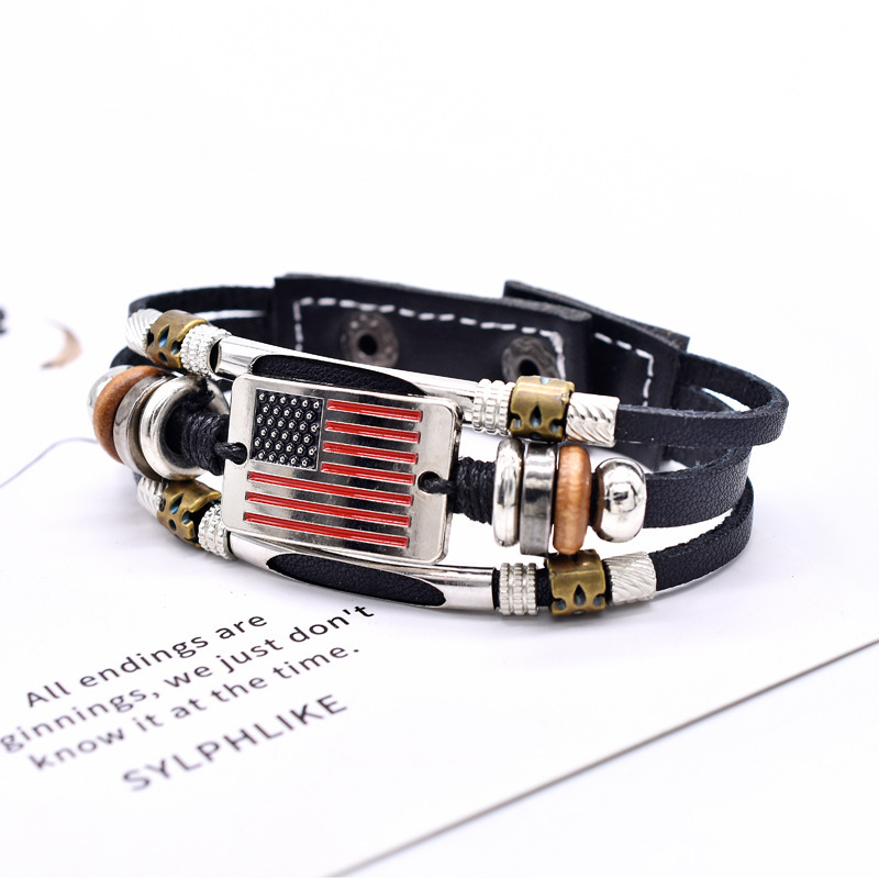 Europe and the United States hot selling American flag style microfiber leather handmade bracelet zinc alloy red white blue buckle woven bracelet