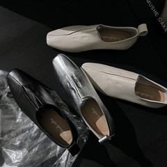 羊皮縫線平底鞋女小皮鞋秋季新款純色復古方頭低幫深口女式單鞋潮