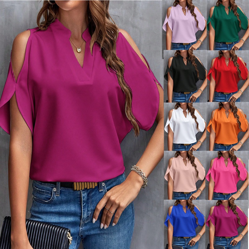 Ropa de Mujer Europea y Americana de Amazon, TikTok y Temu, Verano 2025, Nuevo Top de Mujer con Cuello en V, Elegante y con Hombros Descubiertos