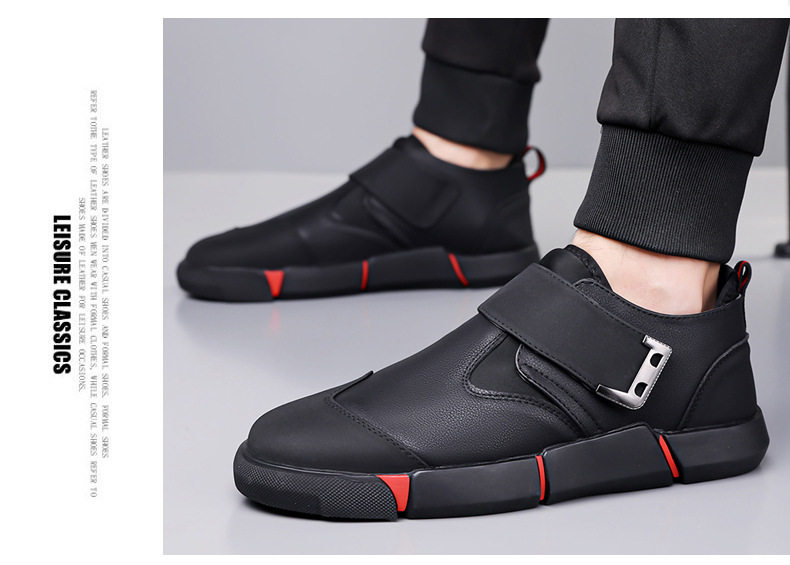 Giày lười nam da PU mũi tròn khóa Velcro chống trượt, đế cao 3 cm — Kaki, Màu đen chi tiết 19