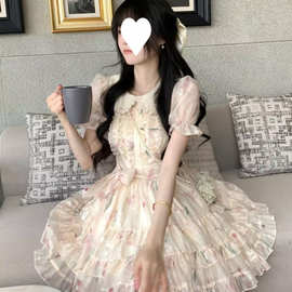 法式俏皮娃娃领碎花连衣裙女夏季少女气质减龄收腰系带裙