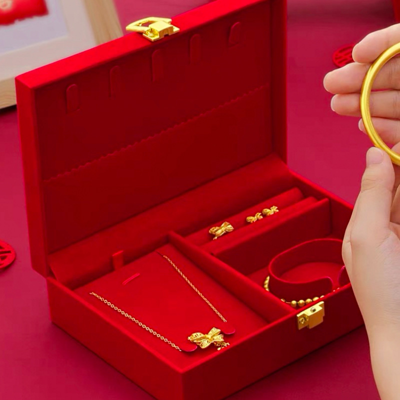 Caja de joyería de tres anillos de oro, caja de bodas, caja de almacenamiento, regalo de bodas, compromiso chino.