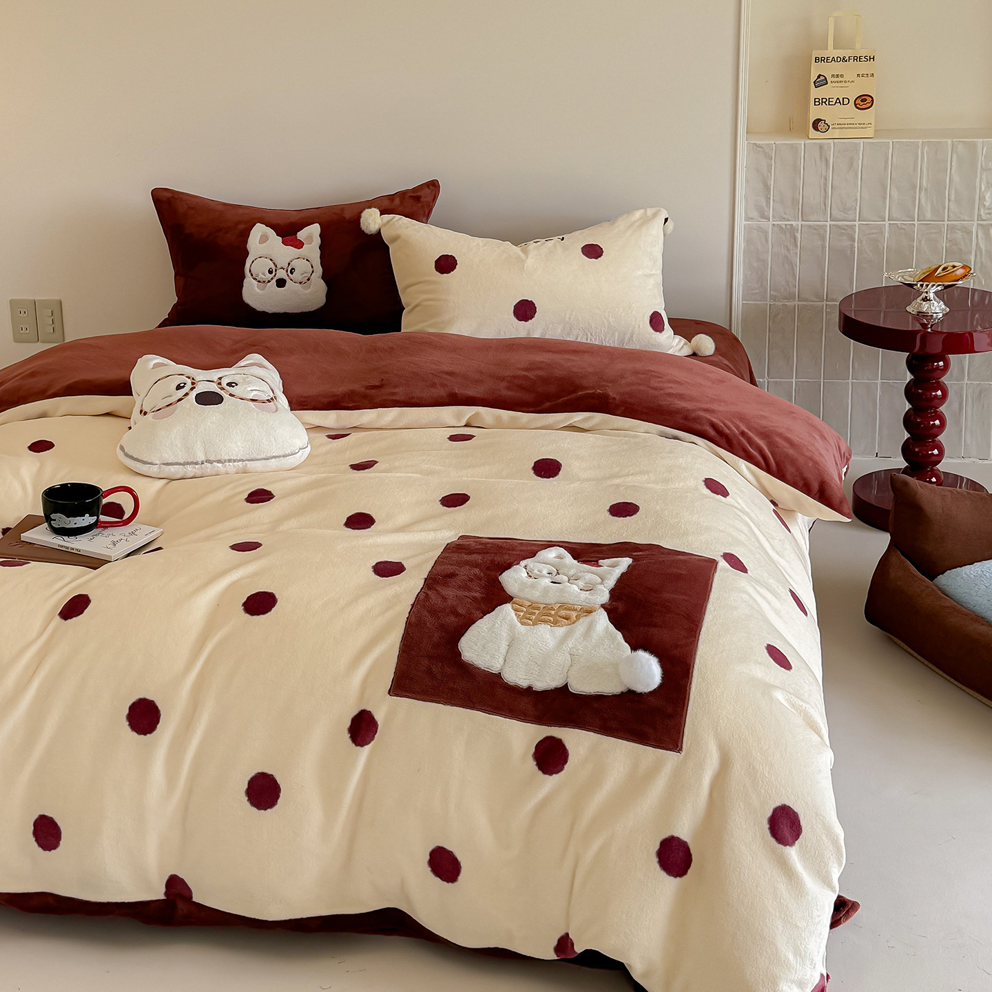 Full Matte Finish, Fully Processed Milk Velvet Four-Piece Set, New A-Grade High Weight Embroidered Applique, Judy the Dog Series 3