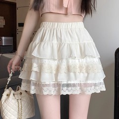 春夏高腰小个子a字裙芭蕾公主风蓬蓬短裙白色蕾丝蛋糕裙半身裙女