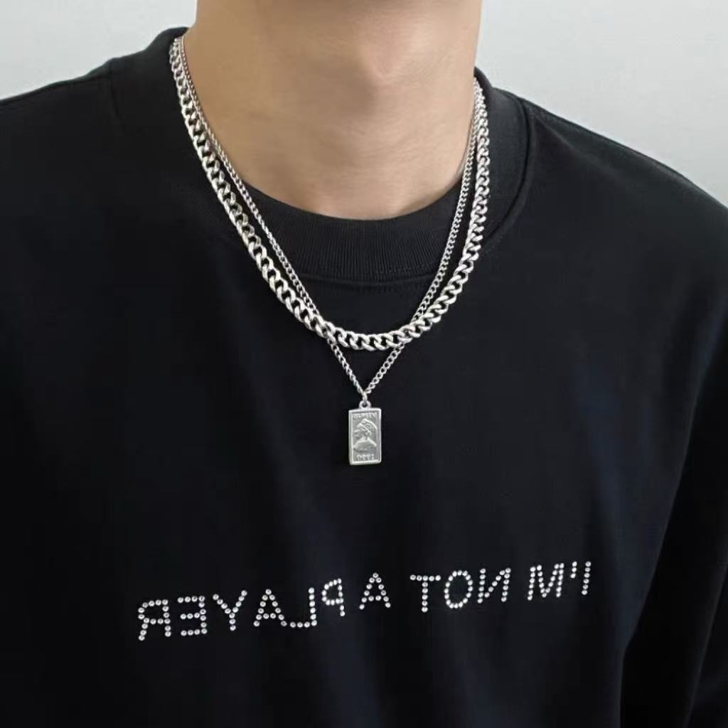 Titanium Steel Coin Pendant Necklace Double Layer Stacking Chain_voghion.com