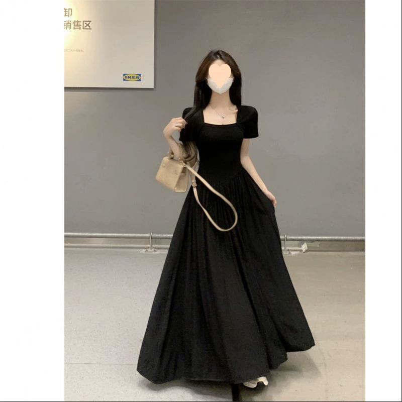 Черное французское платье Хепберн, покрывайте живот и колени, летняя толстая талия, тонкая длинная юбка