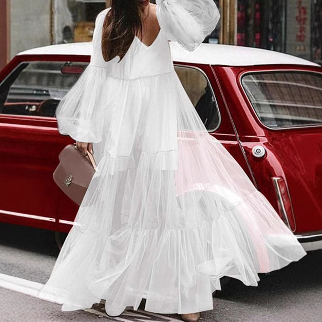 2020 Summer New European and American Export Women's Clothing Amazon V Neck Puff Sleeve Mesh See-Through Dress Long Skirt New Style