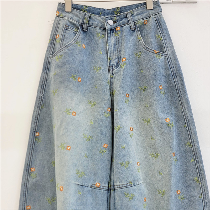 Jeans Rectos de Pierna Ancha con Bordado Cintura Media para Primavera image 3