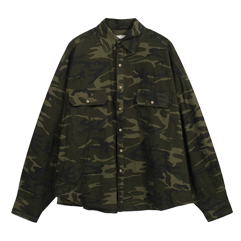 Calle undermycar lavado viejo oscuro Plaid Patch camuflaje hombres delgados y mujeres camisa casual suelta moda