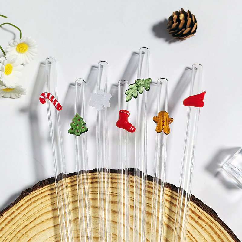 Pajita de vidrio de Navidad, borosilicato, árbol de Navidad creativo, hombre de pan de jengibre, bastón, codo, nuevo conjunto de existencias de fábrica