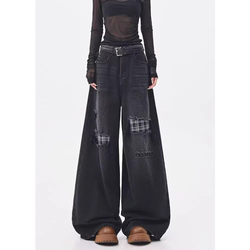 Petite American-Style High Street Patchwork Ripped Jeans for Women, New Summer and Autumn High-Waisted Straight Wide-Leg Pants Trendy Petite American-Style High Street Patchwork Ripped Jeans for Women, New Summer and Autumn High-Waisted Straight Wide-Leg Pants Trendy