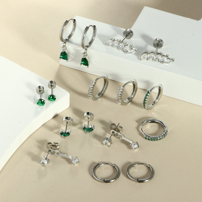 Emerald Zircon Star Flat Back Stud Earrings Women 316L Surgical Steel Cartilage Jewelry 2024 Summer detail image 8