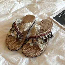 林先叁 ins手工泰国风编织沙滩拖鞋女外穿2025新款度假民族风凉拖