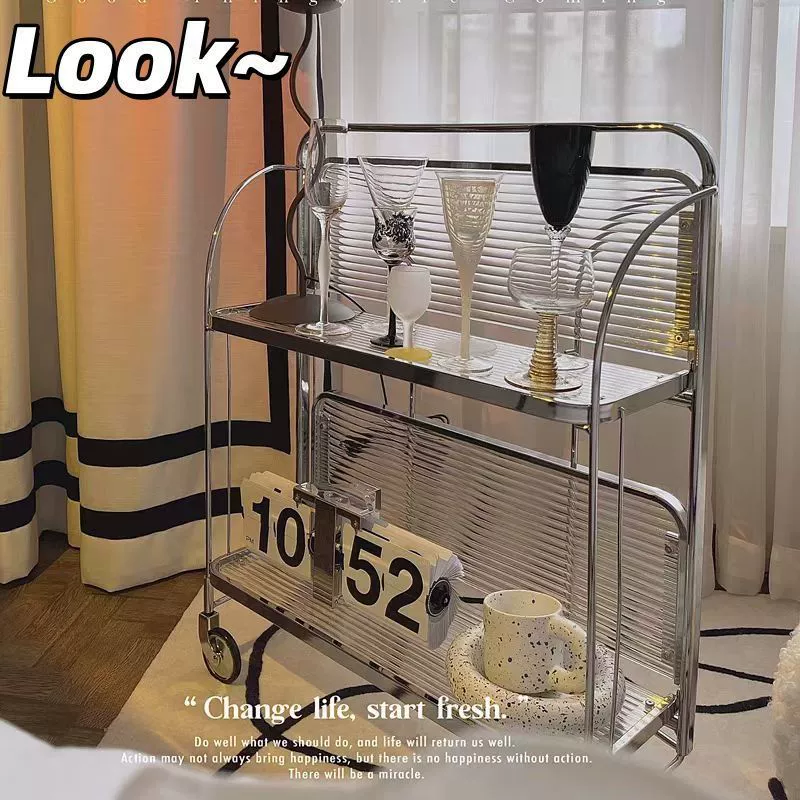 Модная винтажная тележка в стиле ins, напольная полка для хранения, складная мобильная полка, стеклянный приставной столик, винная тележка