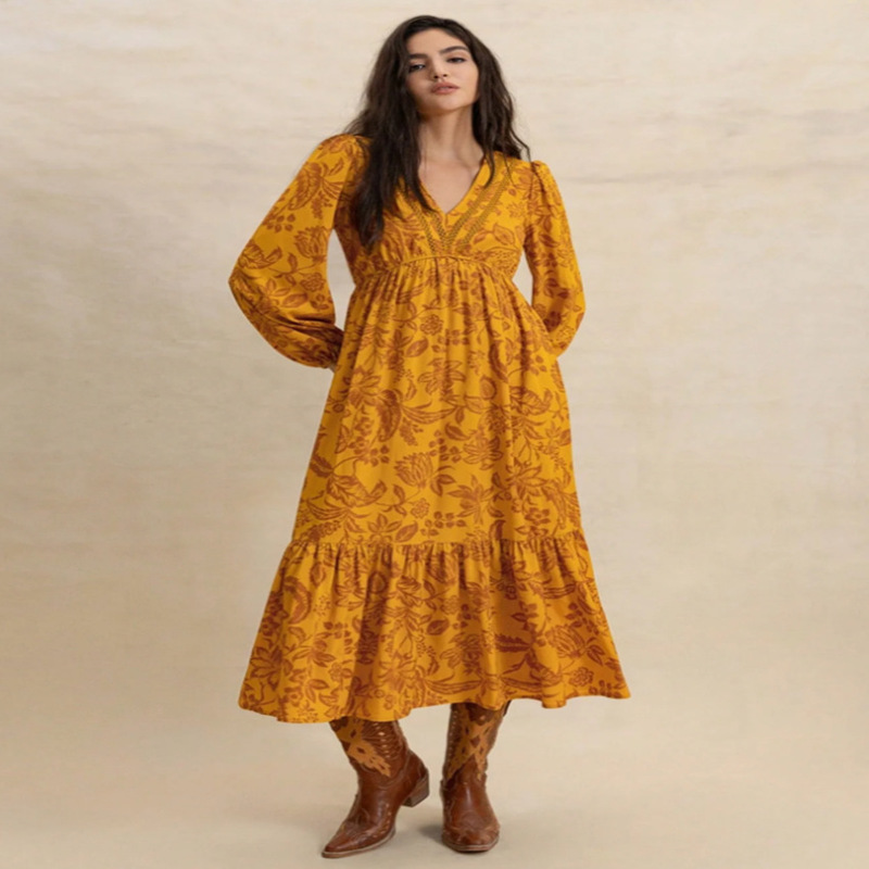 Amazon Cross-Border European and American Clothing Summer New Printed V-Neck Long-Sleeved Dress