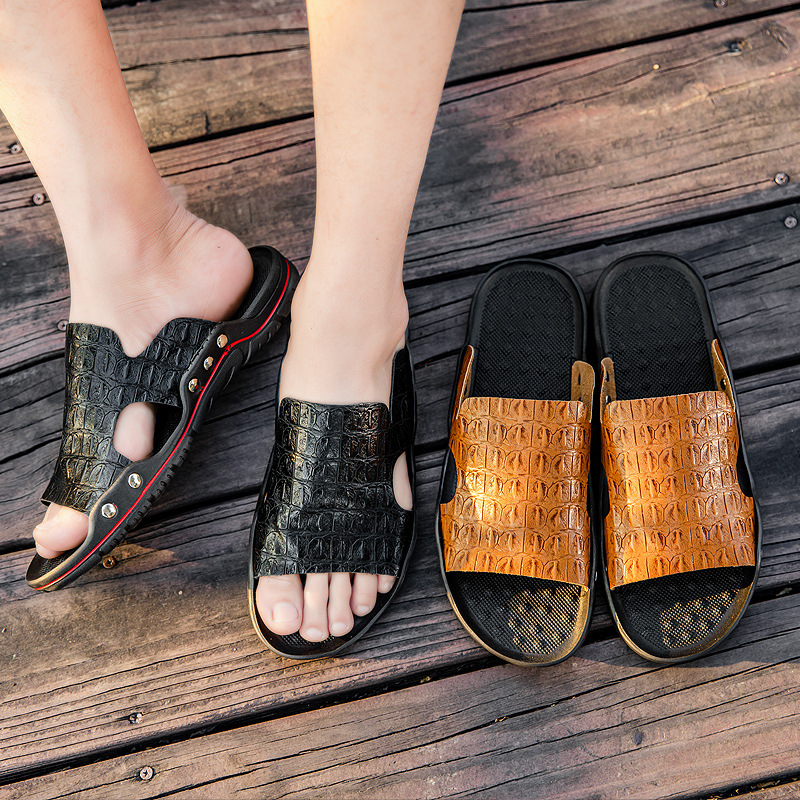 Cross-Border Slippers Men's Lazy Shoes Summer Casual Crocodile Pattern Slippers Non-Slip Wear-Resistant Sandals Beach Shoes Trendy