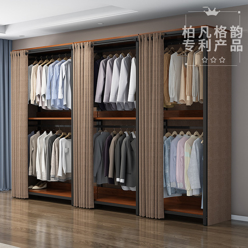 WBZ7钢架钢木组合衣柜简易卧室家用布开放式落地外罩衣橱大衣柜金