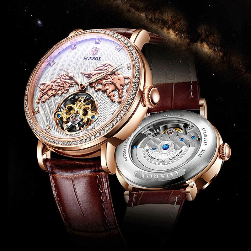 FOXBOX FB0003 nuevo cinturón Bull Hollow movimiento mecánico automático personalidad moda reloj de los hombres