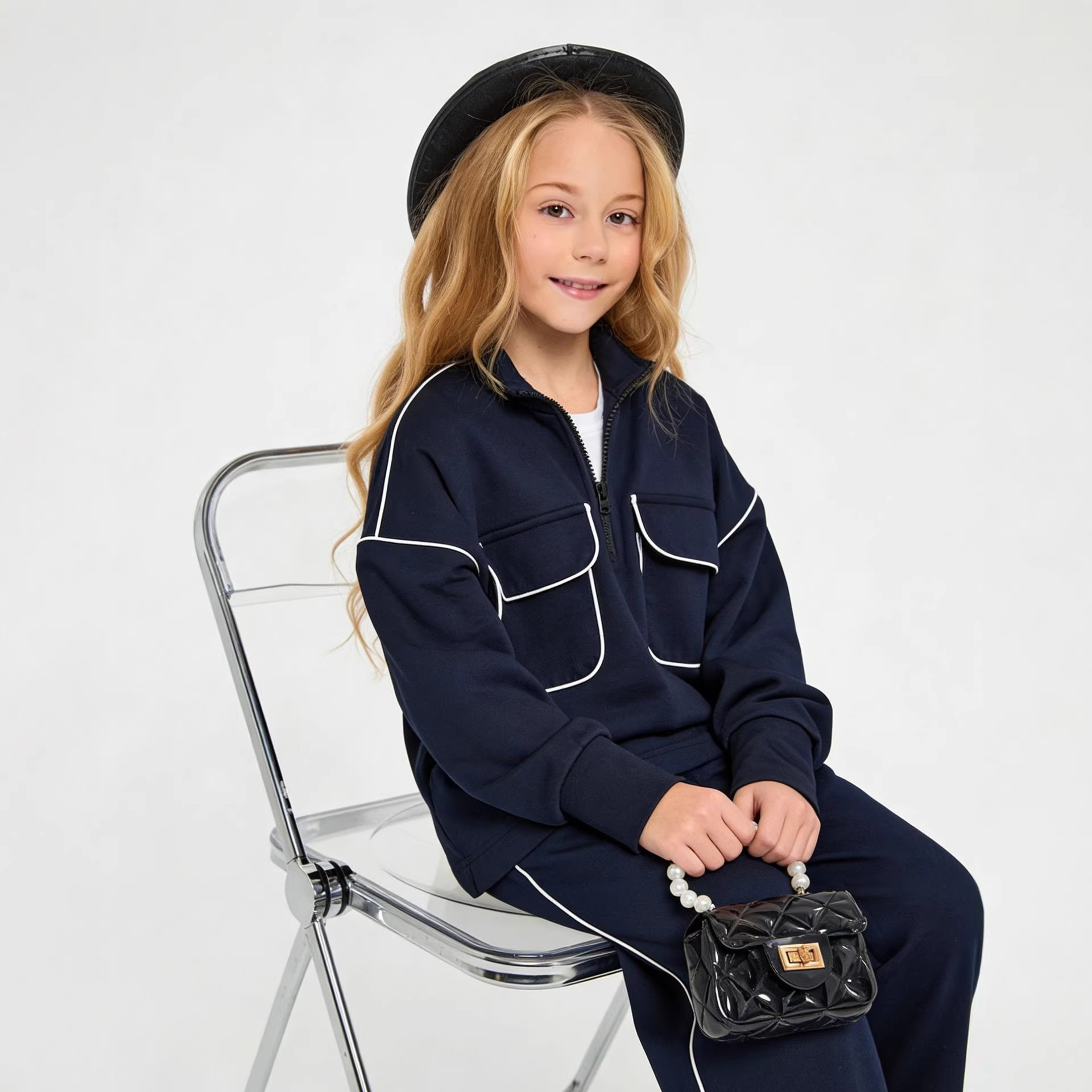 Mädchen-Freizeitoutfit, modisches Streetstyle-Sweatshirt, sportlicher Pullover mit halbem Reißverschluss und Tasche, lange Hose, zweiteiliges Set_voghion.com