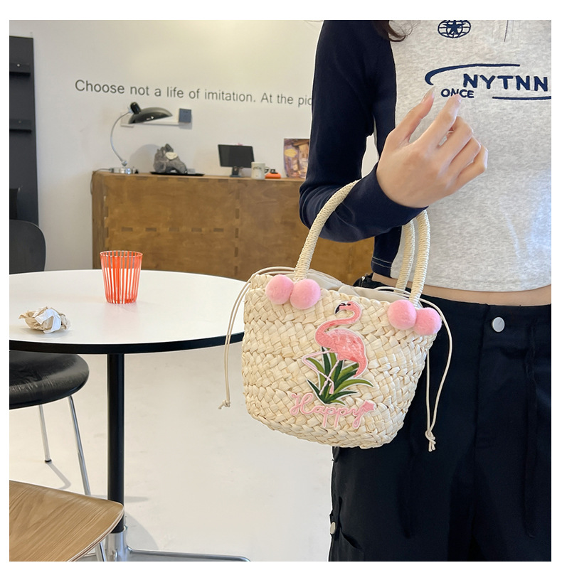 Women's Small Straw Letter Flamingo Flower Vacation Beach Weave Open Straw Bag display picture 3