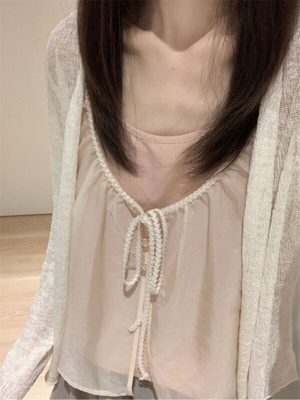 Thin, tie-front, grapefruit-pink camisole top for women, summer 2026 new style, outer cardigan, slimming two-piece set