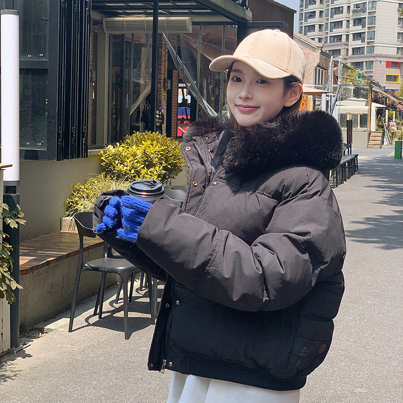 Big fur collar 2024 winter new Korean version loose short clothing cotton women's hooded thickened Down jacket_voghion.com