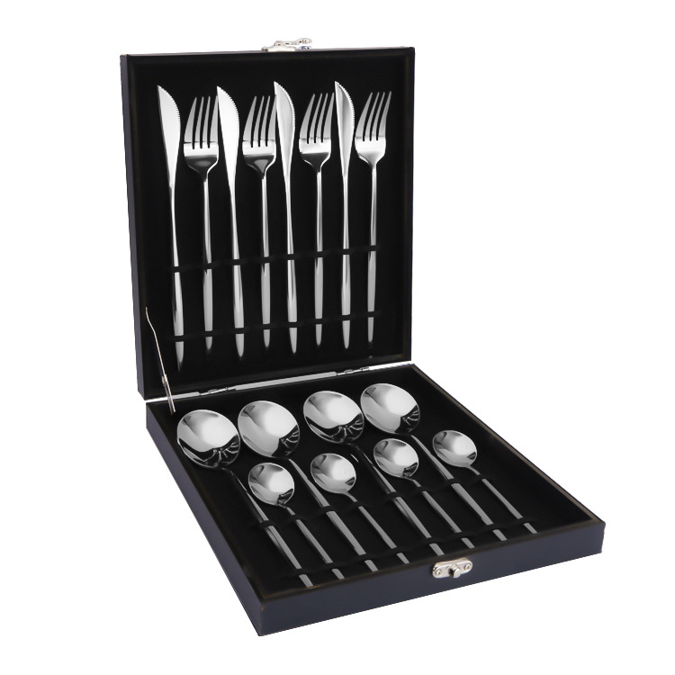 Productos calientes de Amazon vajilla de acero inoxidable conjunto de 16 piezas de Portugal cuatro piezas principales cuchillo, tenedor y cuchara caja de regalo transfronteriza traje