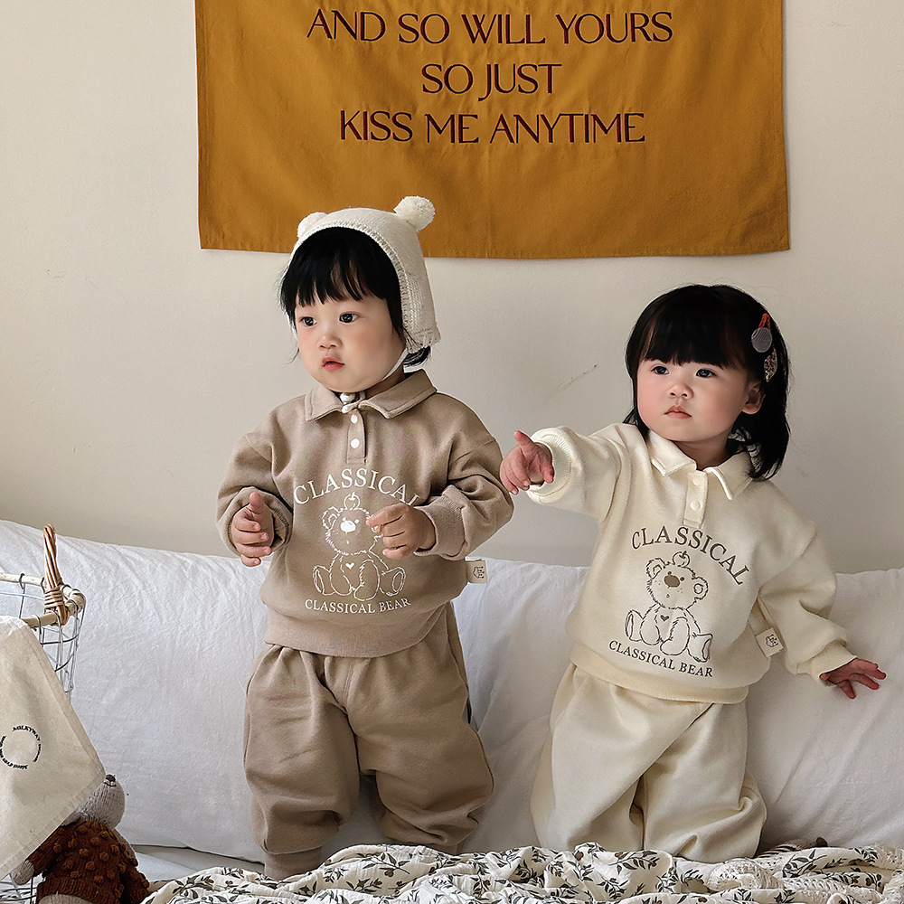 24 primavera nueva ropa para niños coreanos, traje de suéter con cuello de polo para niños, traje de hermana y hermano, traje de hermano y hermana, traje de salida de estilo de moda