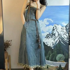 フレンチレトロブルーデニムサロペットワンピース レディース 夏 2025新作 小柄さん向け 細見えロングワンピース