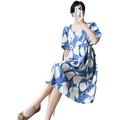 Maternity Summer Dress Fashion Short Sleeve Square Neck Print Loose Plus Size Skirt Summer Influencer Maternity Skirt
