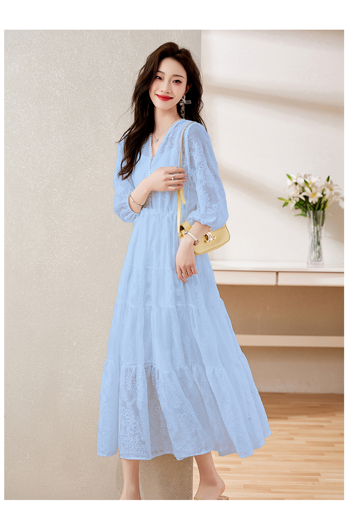 Đầm maxi nữ cổ V thắt eo dáng dài thanh lịch NY1608 — xanh lam, màu tím, màu vàng chi tiết 11