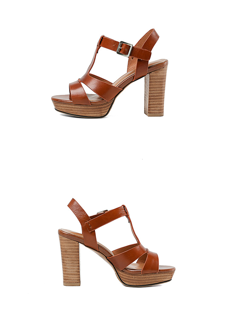 Sandal cao gót hở mũi retro 10 cm quai chữ T gót vuông da bò — Màu nâu chi tiết 20