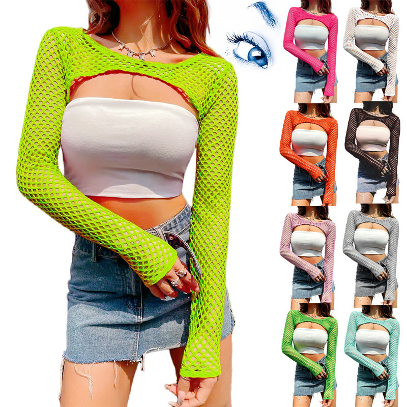 Amazon Mesh Top T-Shirt European and American Cut Out Mesh T-Shirt Y2K Cross-Border Women's New Sexy T-Shirt