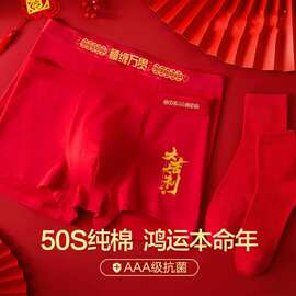 加肥加大肥佬男士内裤男生平角裤纯棉大红色结婚礼物属龙四角短裤