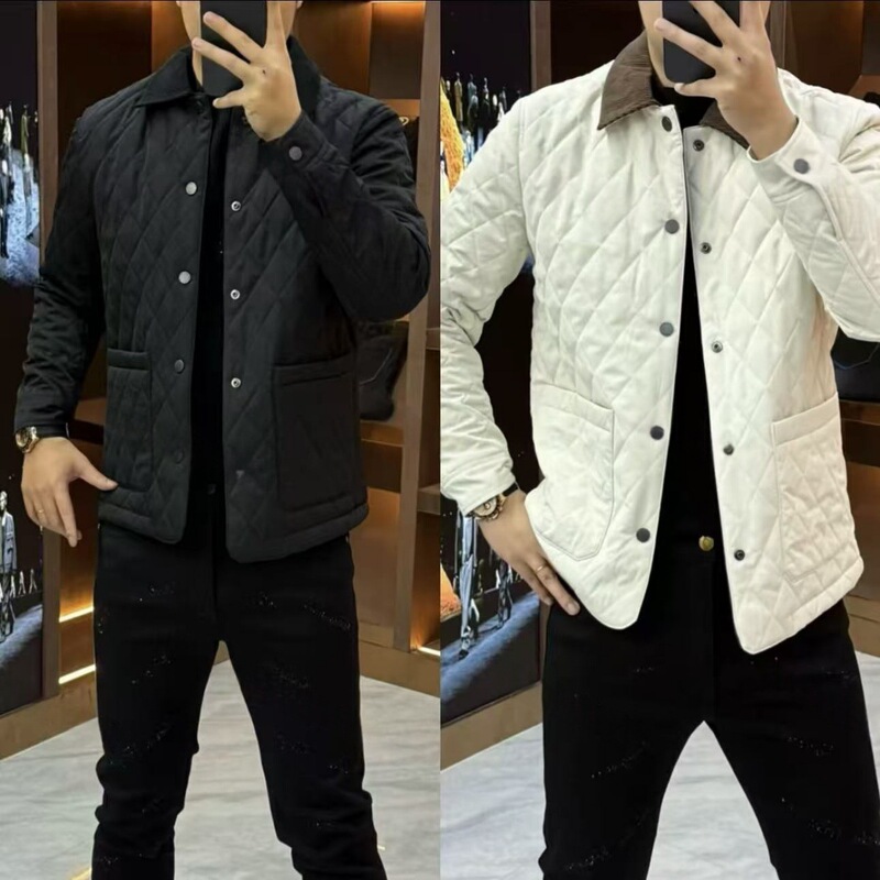 Autumn and Winter Men's Light Luxury Casual Diamond Quilted Fashionable Versatile Thin Cotton Jacket with Stylish Lapel Cotton Coat 1958 Autumn and Winter Men's Light Luxury Casual Diamond Quilted Fashionable Versatile Thin Cotton Jacket with Stylish Lapel Cotton Coat 1958