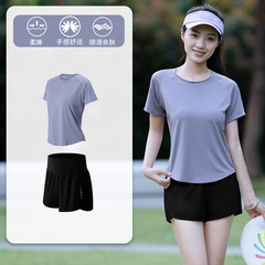 2024夏季薄款速干寬鬆顯瘦透氣速乾衣跑步短袖運動服套裝女短褲