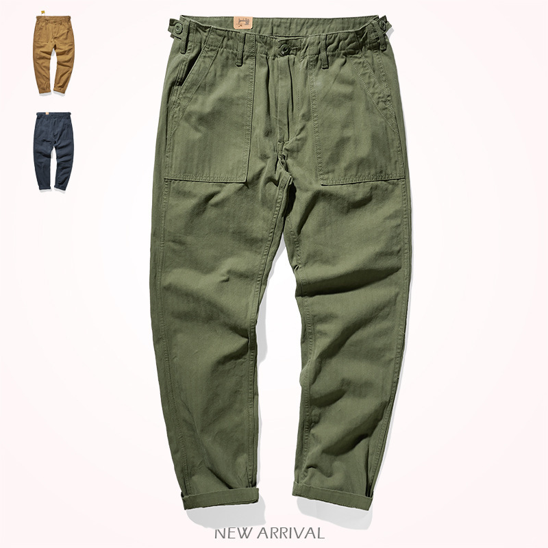American-Style Casual Retro Cargo Pants for Men, Straight-Leg Casual Long Pants, Pure Cotton Herringbone Woven Tapered Pants