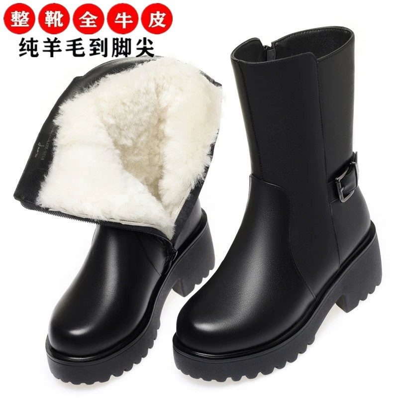 Осенне-зимняя обувь для мам Хлопчатобумажная обувь Женские ботинки на флисовой подкладке Короткие ботинки на мягкой подошве для среднего возраста Кожаная обувь на среднем каблуке Теплая женская обувь среднего возраста
