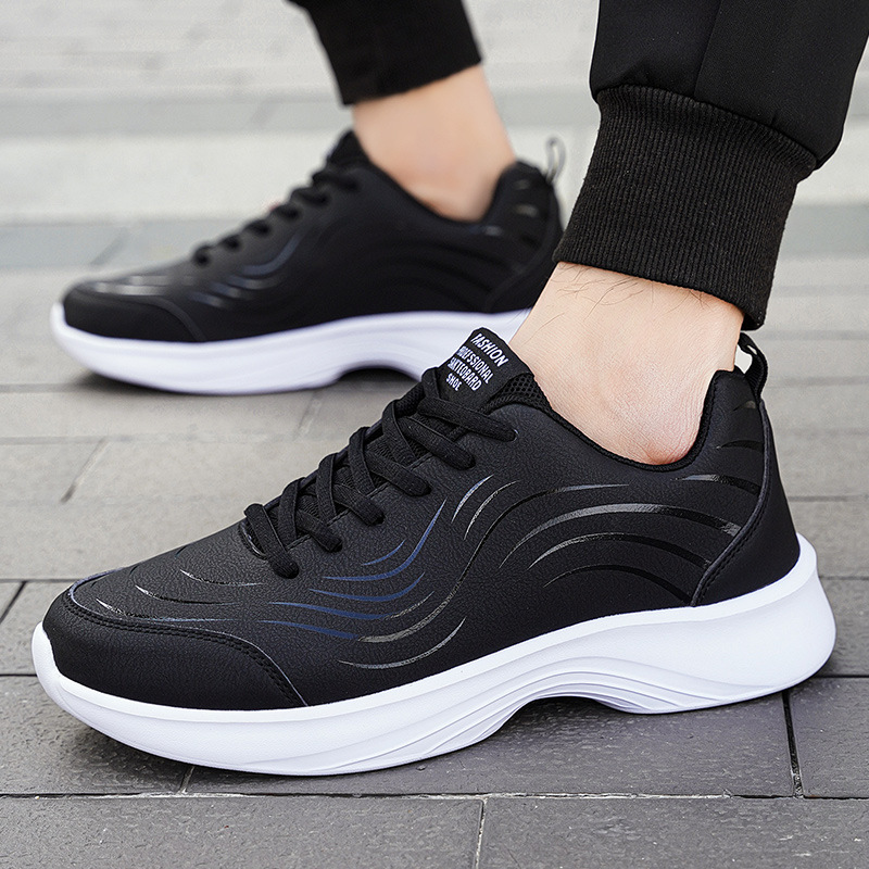 新品男鞋2025秋冬季黑色皮面运动鞋男士防水防滑休闲跑步旅游鞋