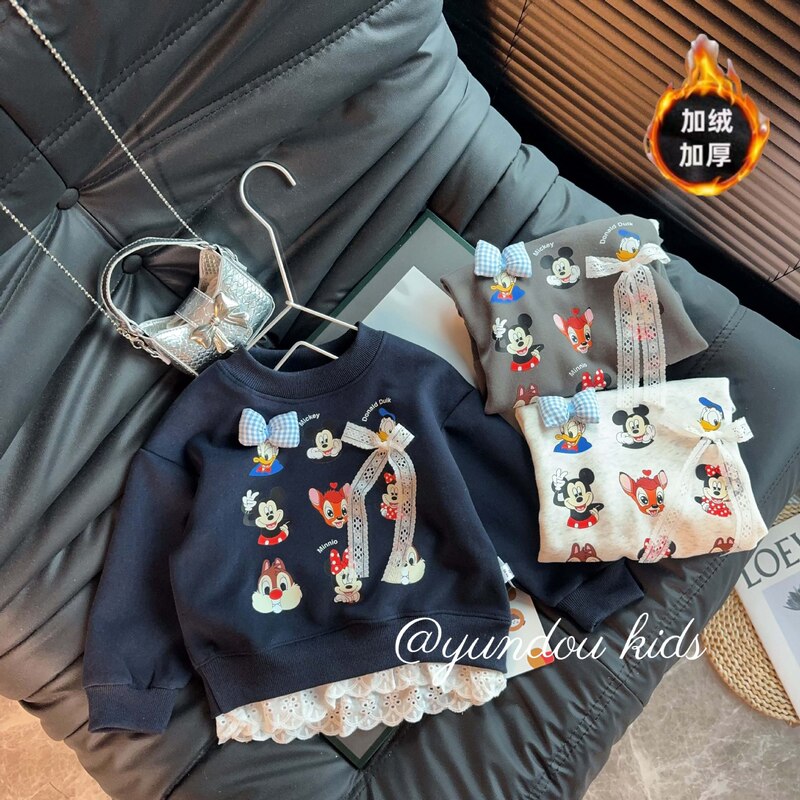 【Fleece-Lined and Thickened】New Korean-Style Girls' Sweatshirt with Lace Trim, Versatile and Fashionable Mickey Top 【Fleece-Lined and Thickened】New Korean-Style Girls' Sweatshirt with Lace Trim, Versatile and Fashionable Mickey Top