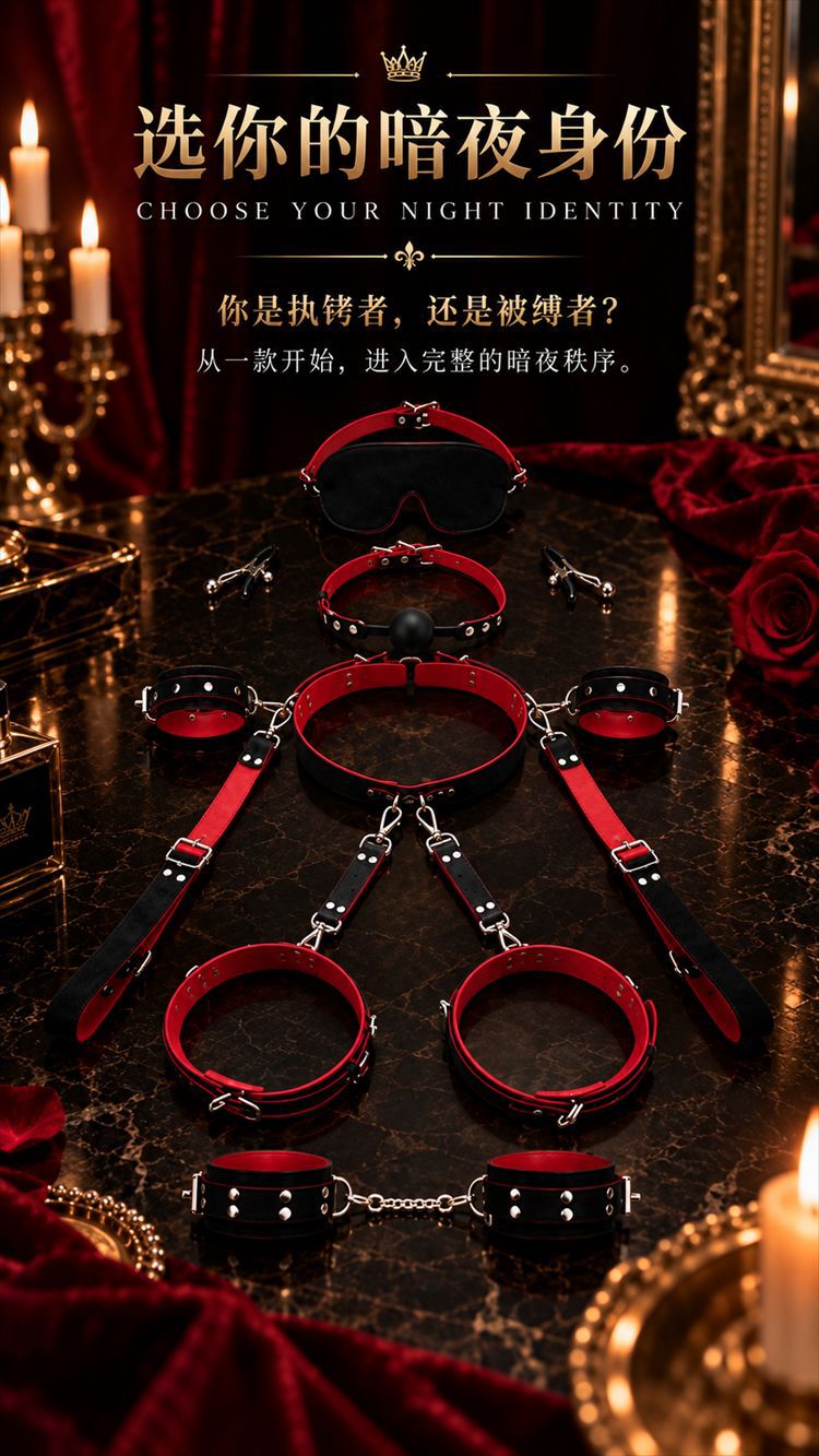 Adult Couples Bondage Restraint Kit in PU Leather with Metal Handcuffs, Black-Red — detail image 22