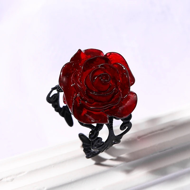 Adjustable Gothic Red Rose Flower Ring For Women In Metal_voghion.com