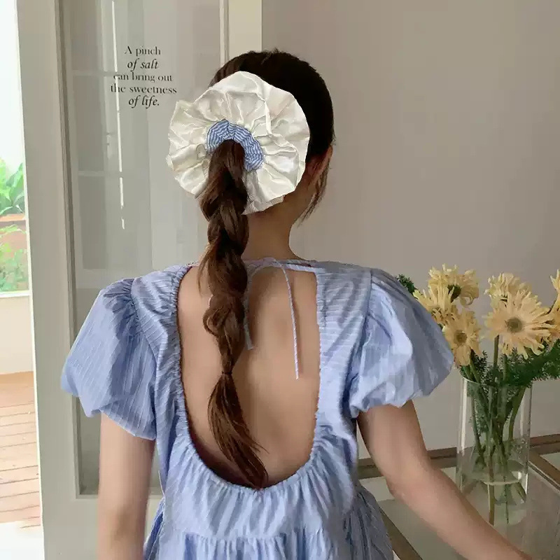 高品質の大きなレースのヘアゴム、クリーム風サテンブルーストライプバレエ風ヘアゴム、ボールヘッドドレス|undefined