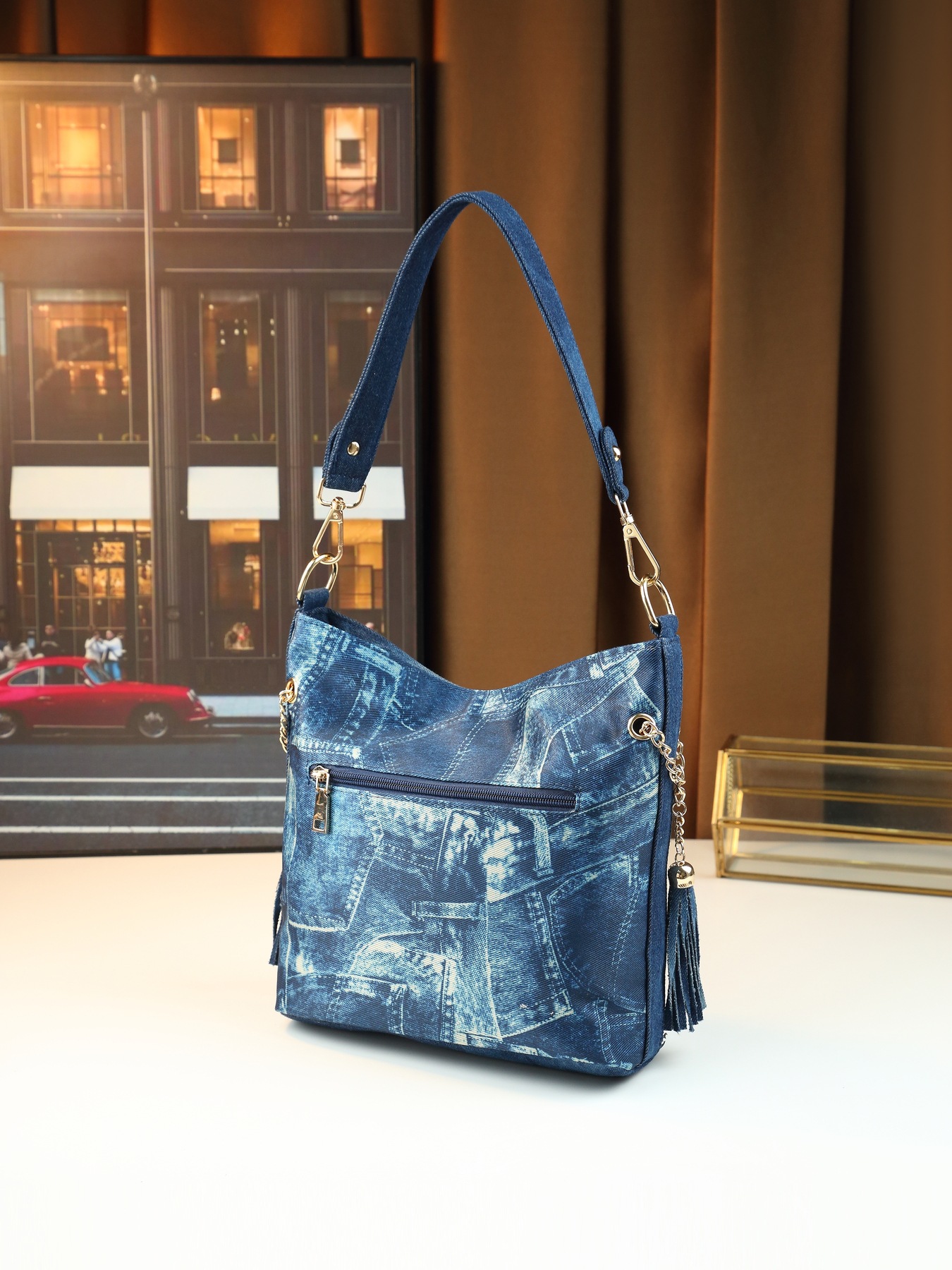 Borsa a spalla da donna in jeans con strass borsa a tracolla_voghion.com