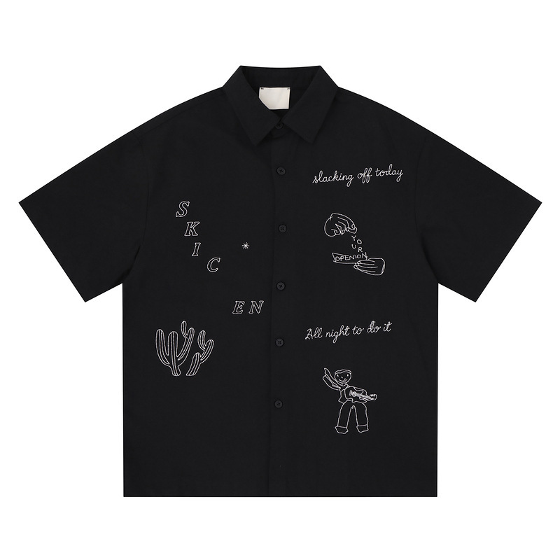 Fun Cartoon Embroidered Short-Sleeve Shirt for Men and Women, Japanese Style Cactus Letter Loose Casual Turn-Down Collar Cardigan Shirt for Men Fun Cartoon Embroidered Short-Sleeve Shirt for Men and Women, Japanese Style Cactus Letter Loose Casual Turn-Down Collar Cardigan Shirt for Men
