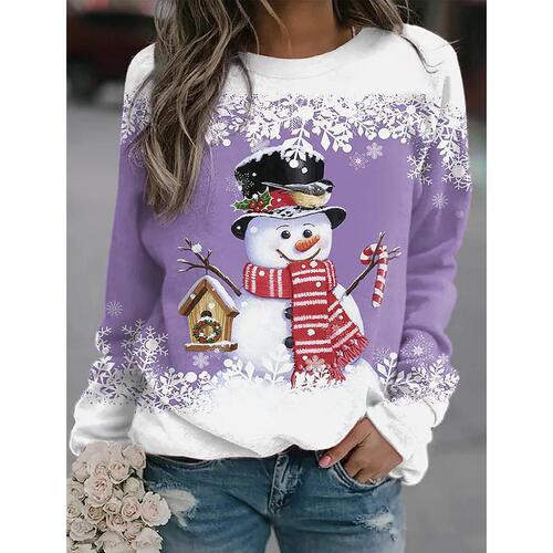New Women's Christmas  Snowman Print Wish Crew Neck Long Sleeve Casual Loose T-Shirt Top