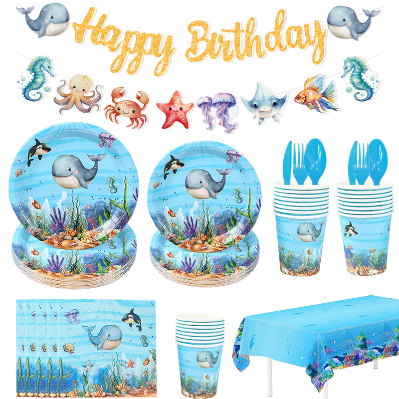 Blue Ocean Party Supplies Set Underwater World Children's Birthday Party Disposable Birthday Party Decoration