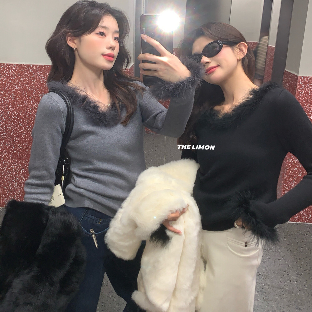 the limon柠檬绿茶2025冬季法式气质毛毛拼接V领针织衫女毛衣上衣