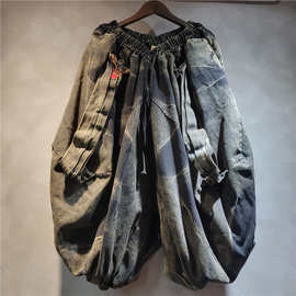 复古洋气印花九分牛仔裤女个性拼接老爹裤宽松显瘦高腰哈伦萝卜裤