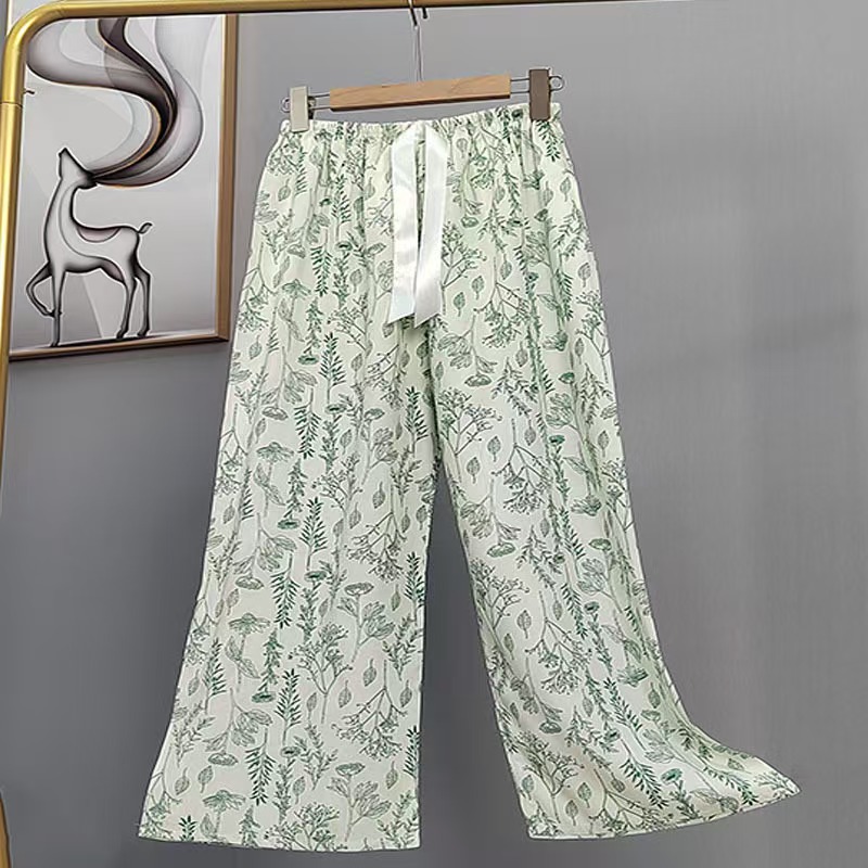Pijama de seda de algodón para mujer, pantalones anchos de mujer embarazada de seda de algodón con estampado fino de verano